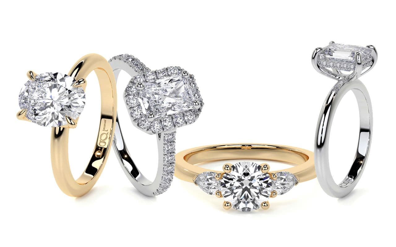 solitaire engagement ring, halo engagement ring, three stone diamond ring and a hidden halo lab grown diamond ring